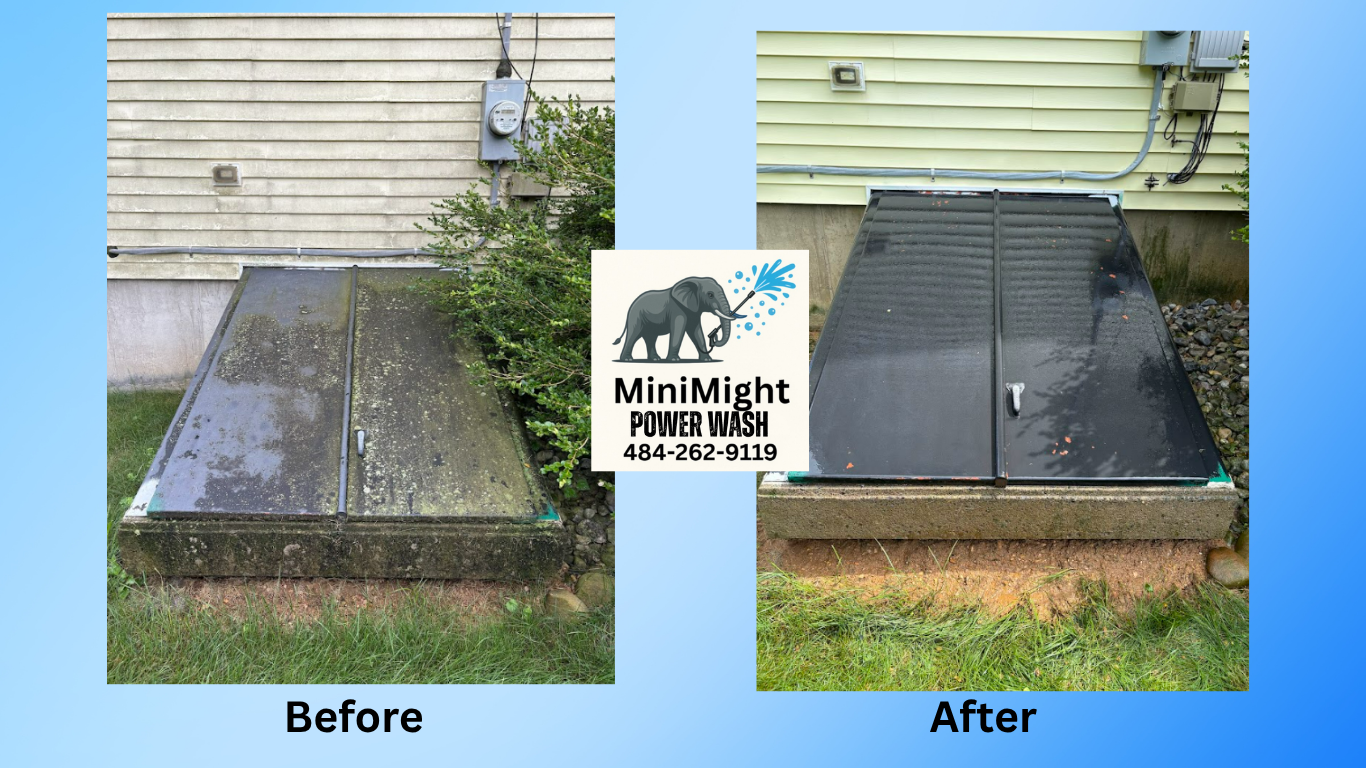 Concrete pad power washing before and after - dramatic transformation from stained and algae-covered to completely clean